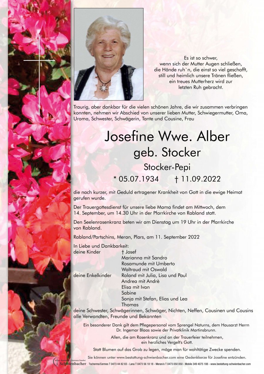 Parte: Josefine Wwe. Alber geb. Stocker