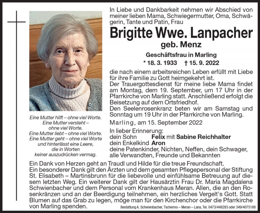 Medien: Brigitte Wwe. Lanpacher geb. Menz