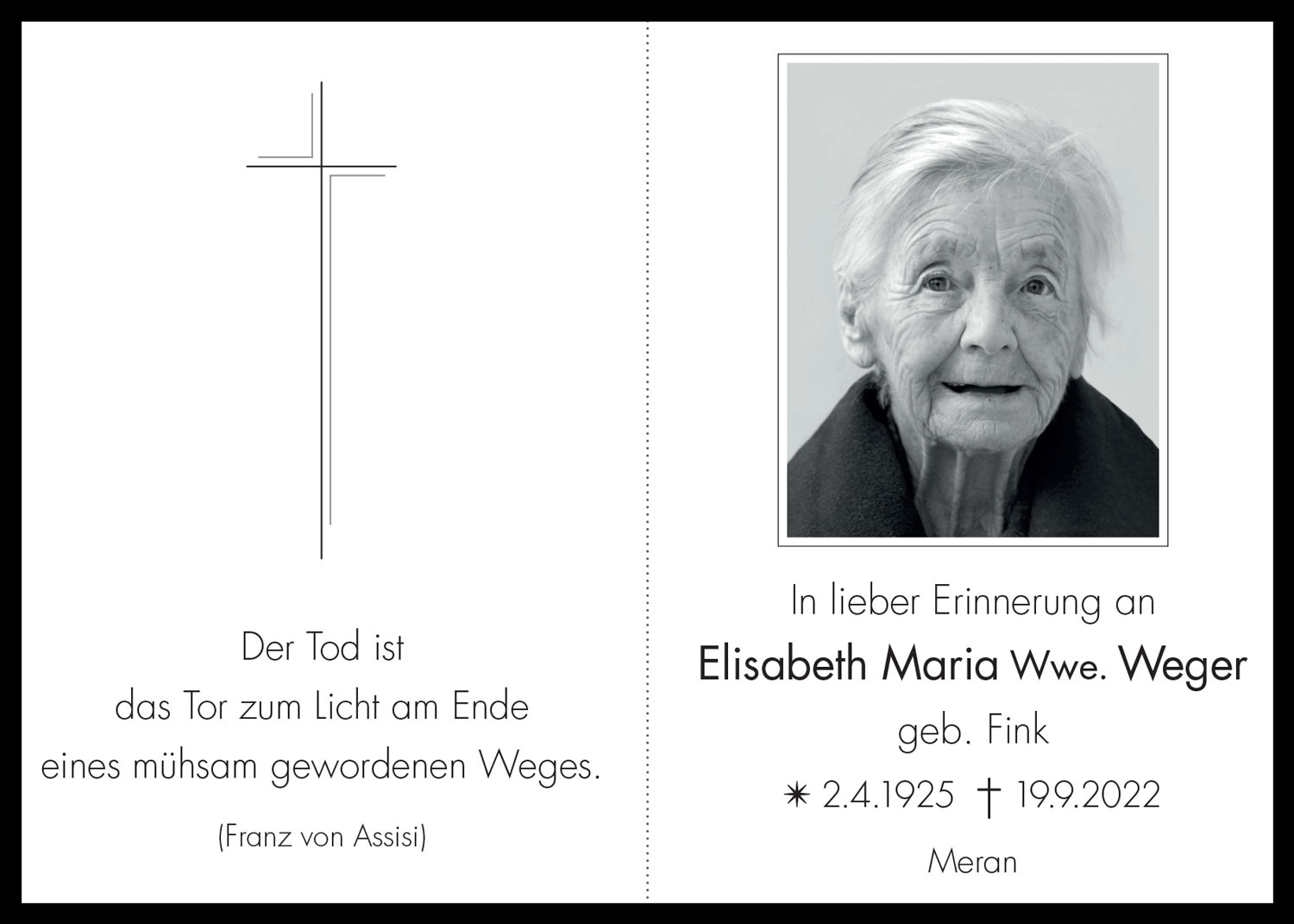 Sterbebild: Elisabeth Maria Wwe. Weger geb. Fink