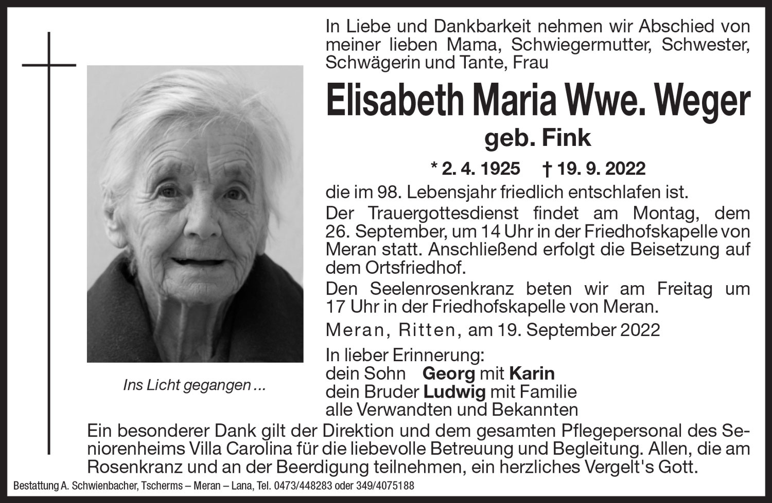 Medien: Elisabeth Maria Wwe. Weger geb. Fink