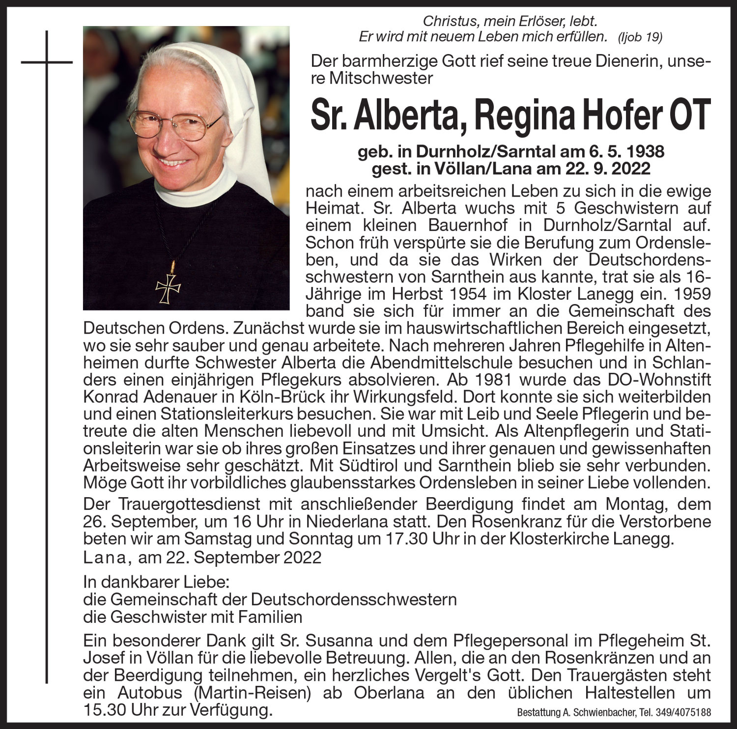 Medien: Sr. Alberta Regina Hofer OT