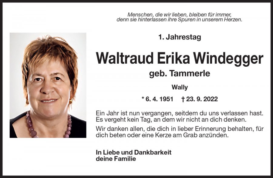 Jahrtag: Waltraud Erika Windegger geb. Tammerle