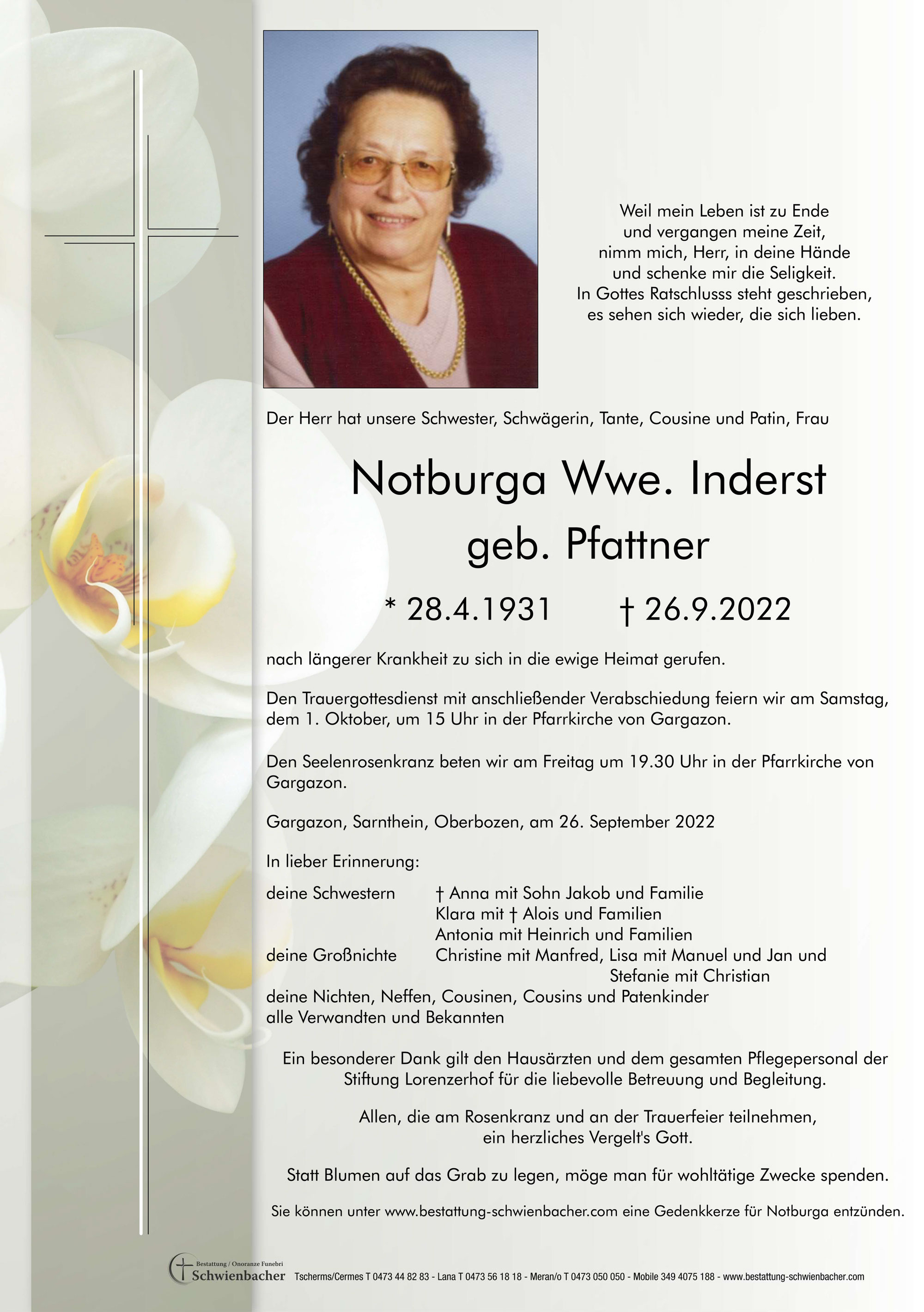 Parte: Notburga Wwe. Inderst geb. Pfattner 