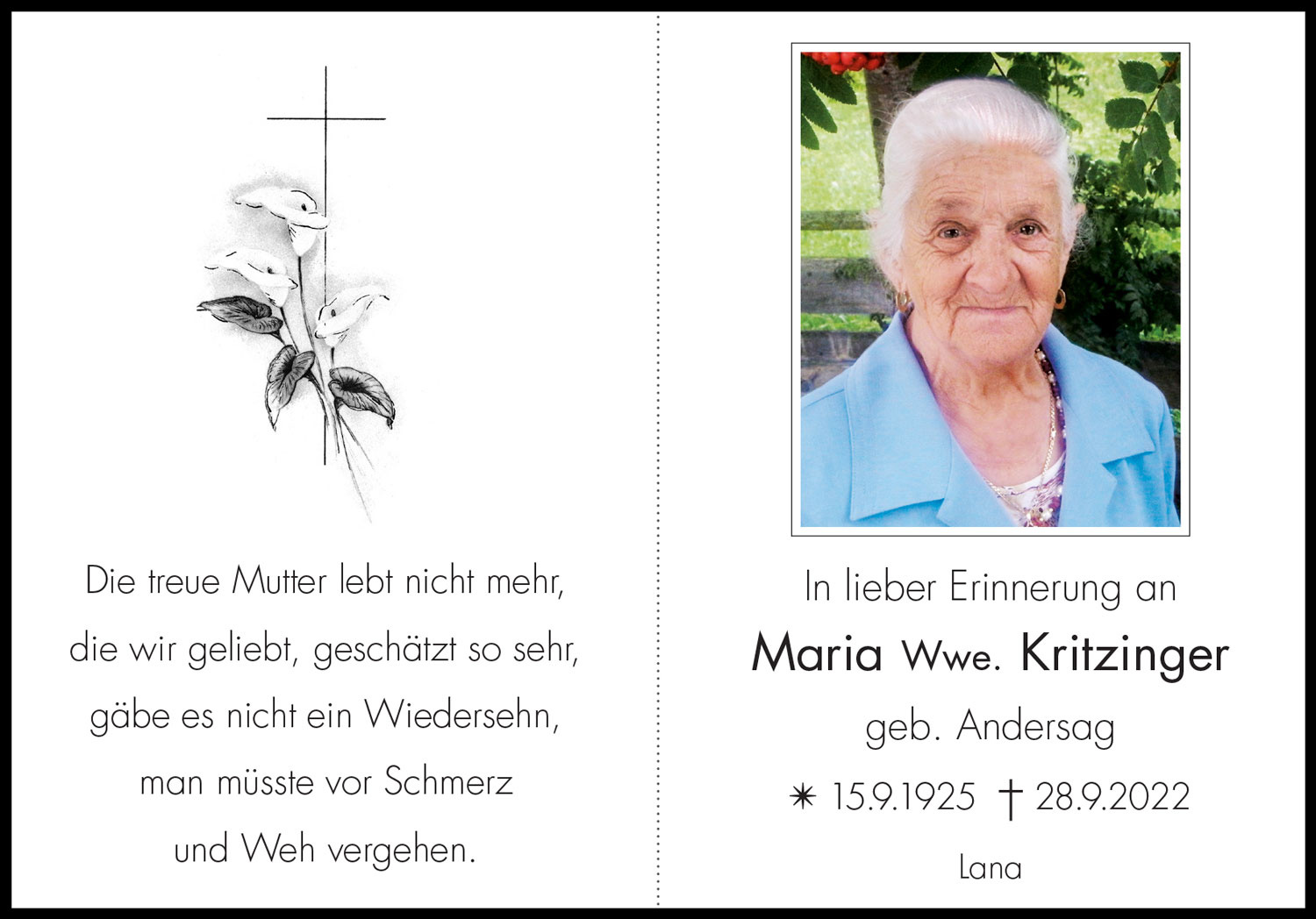 Sterbebild: Maria Wwe. Kritzinger geb. Andersag