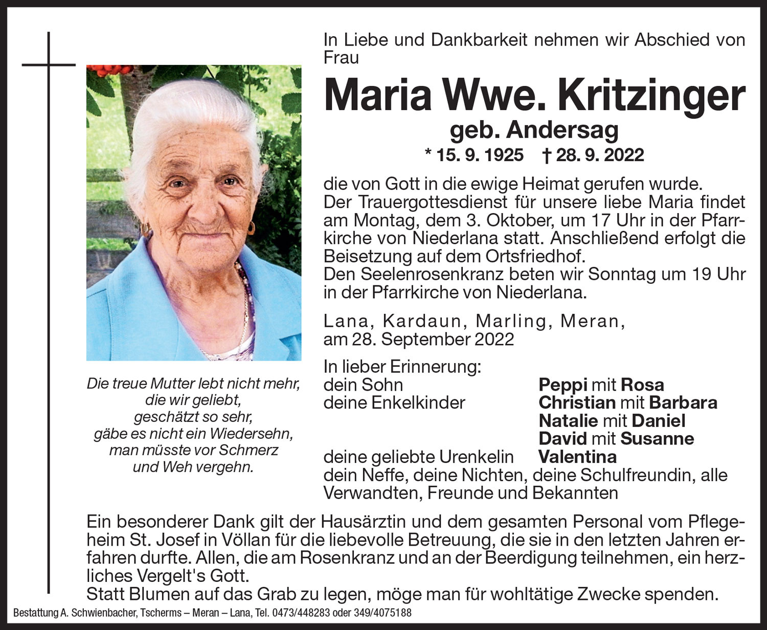 Medien: Maria Wwe. Kritzinger geb. Andersag