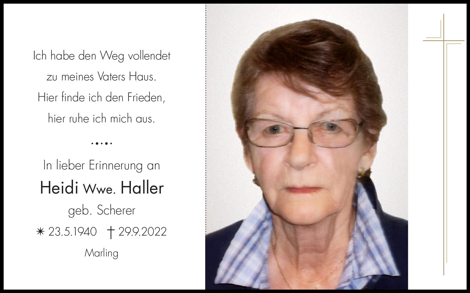 Sterbebild: Heidi Wwe. Haller geb. Scherer