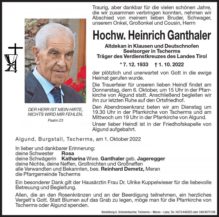 Medien: Hochw. Heinrich Ganthaler