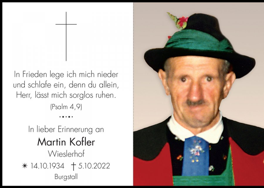 Sterbebild: Martin Kofler