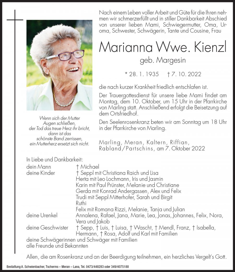 Medien: Marianna Wwe. Kienzl geb. Margesin