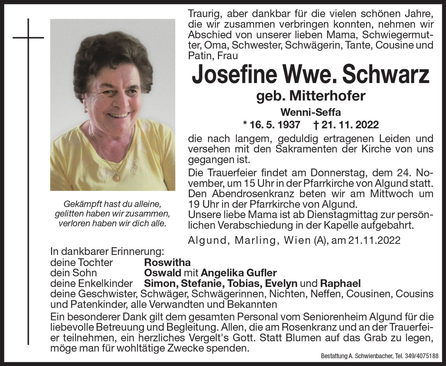 Medien: Josefine Wwe. Schwarz geb. Mitterhofer