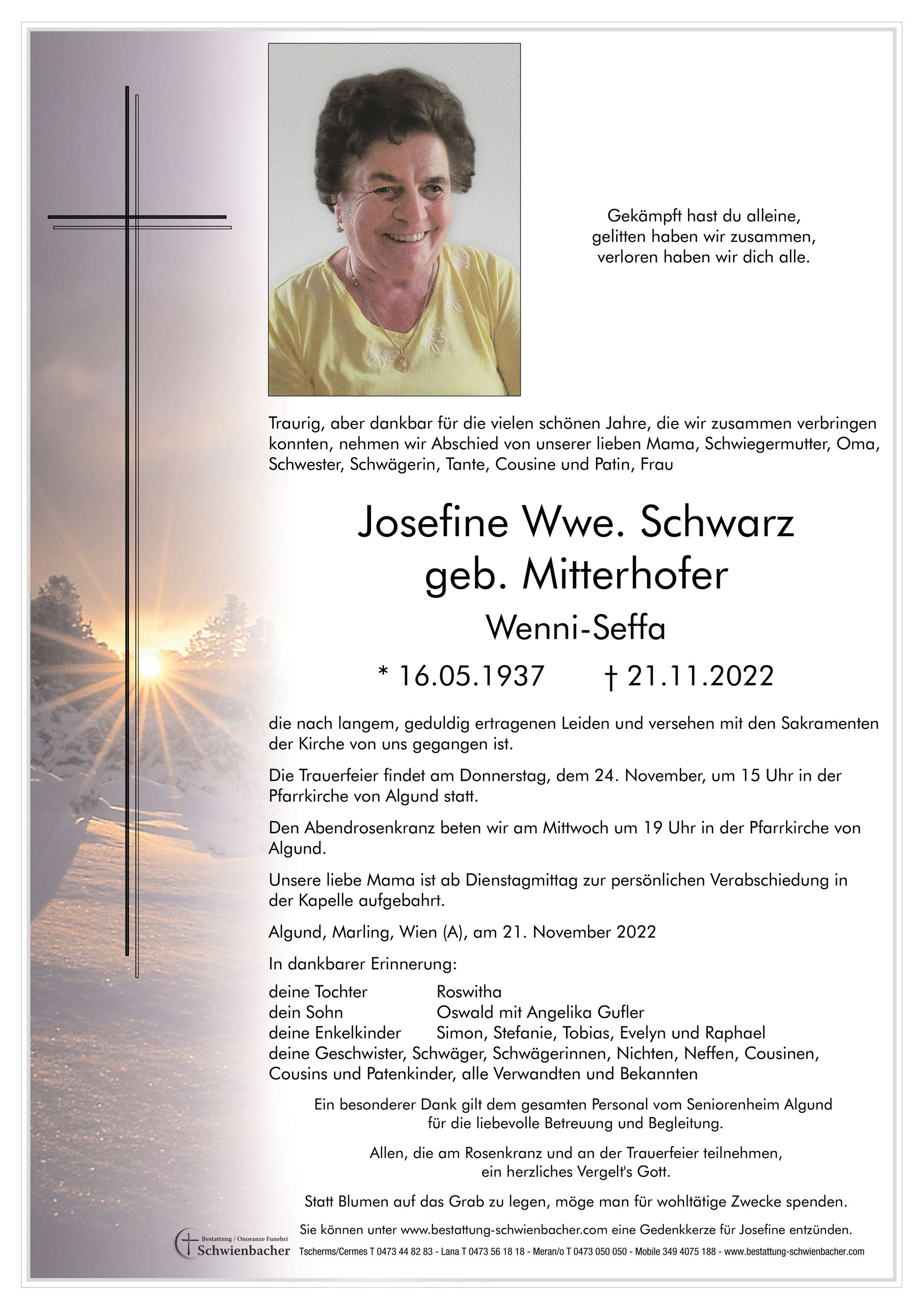 Parte: Josefine Wwe. Schwarz geb. Mitterhofer 