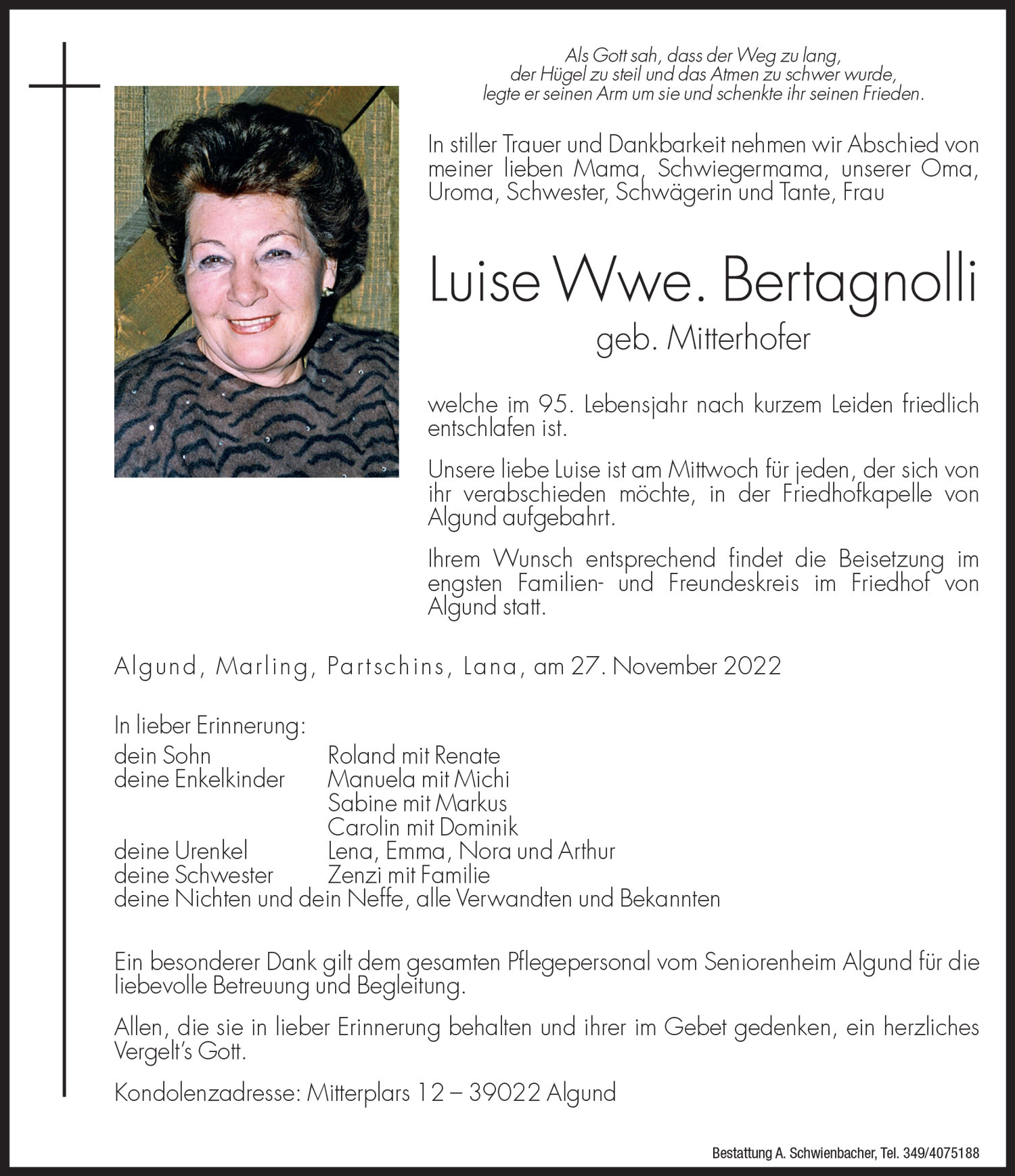 Medien: Luise Wwe. Bertagnolli geb. Mitterhofer