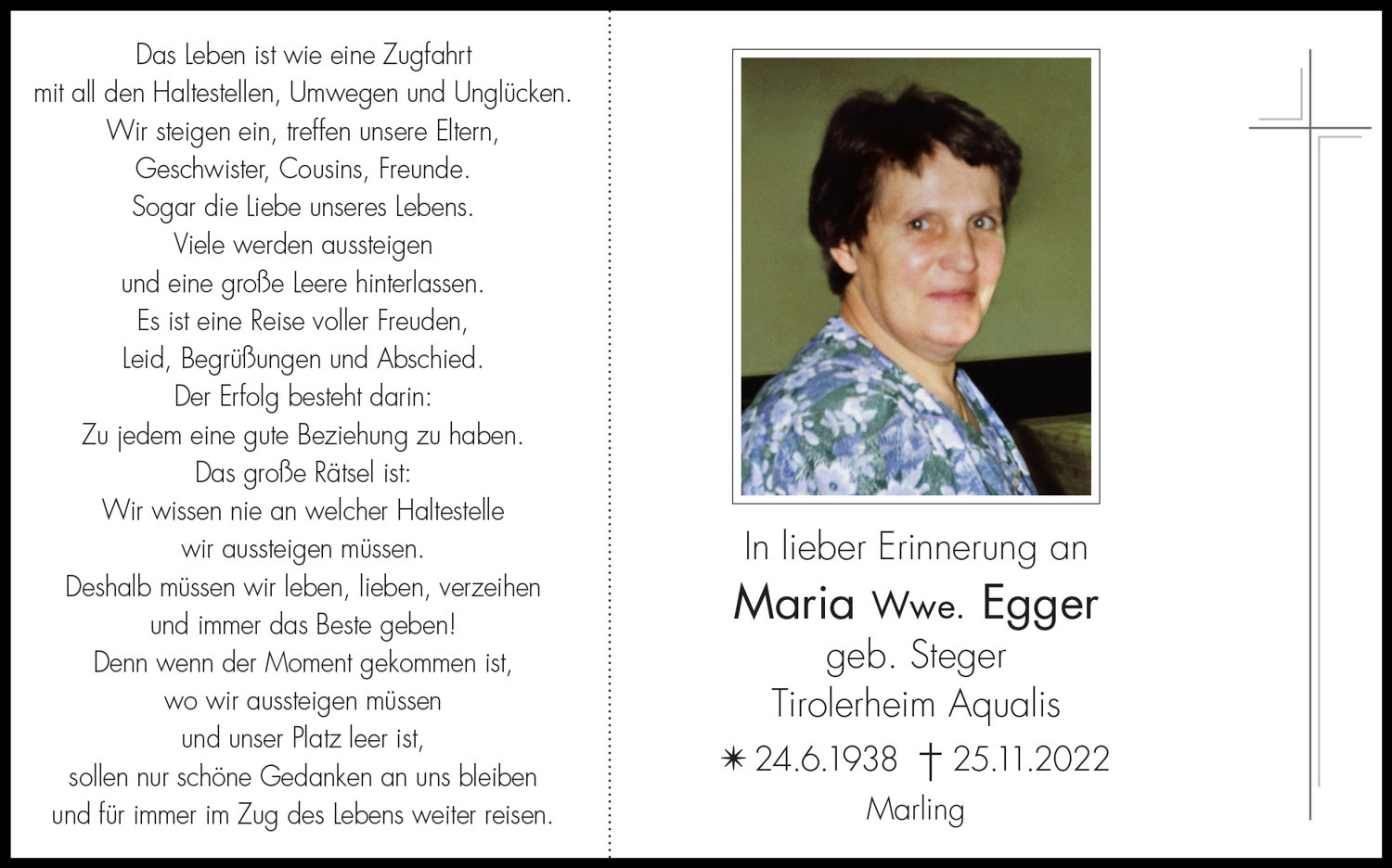 Sterbebild: Maria Wwe. Egger geb. Steger