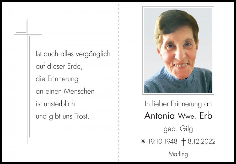 Sterbebild: Antonia Wwe. Erb geb. Gilg