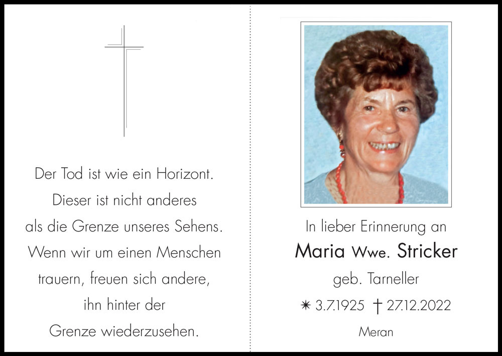 Sterbebild: Maria Wwe. Stricker geb. Tarneller