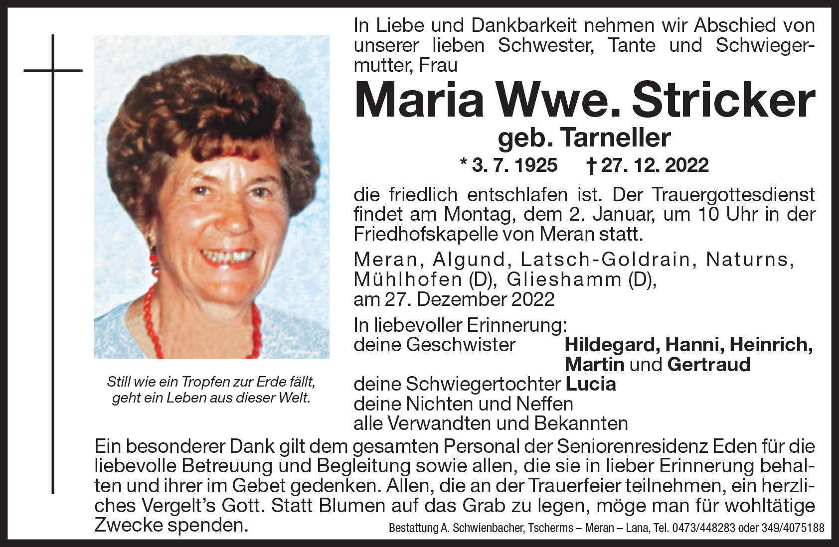 Medien: Maria Wwe. Stricker geb. Tarneller