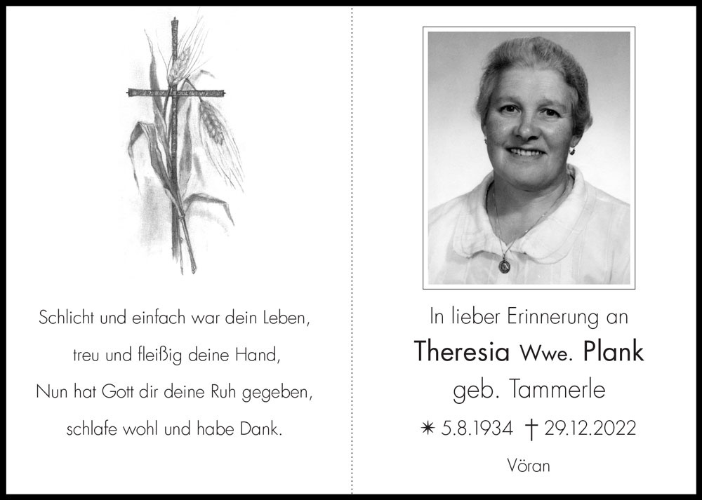 Sterbebild: Theresia Wwe. Plank  geb. Tammerle