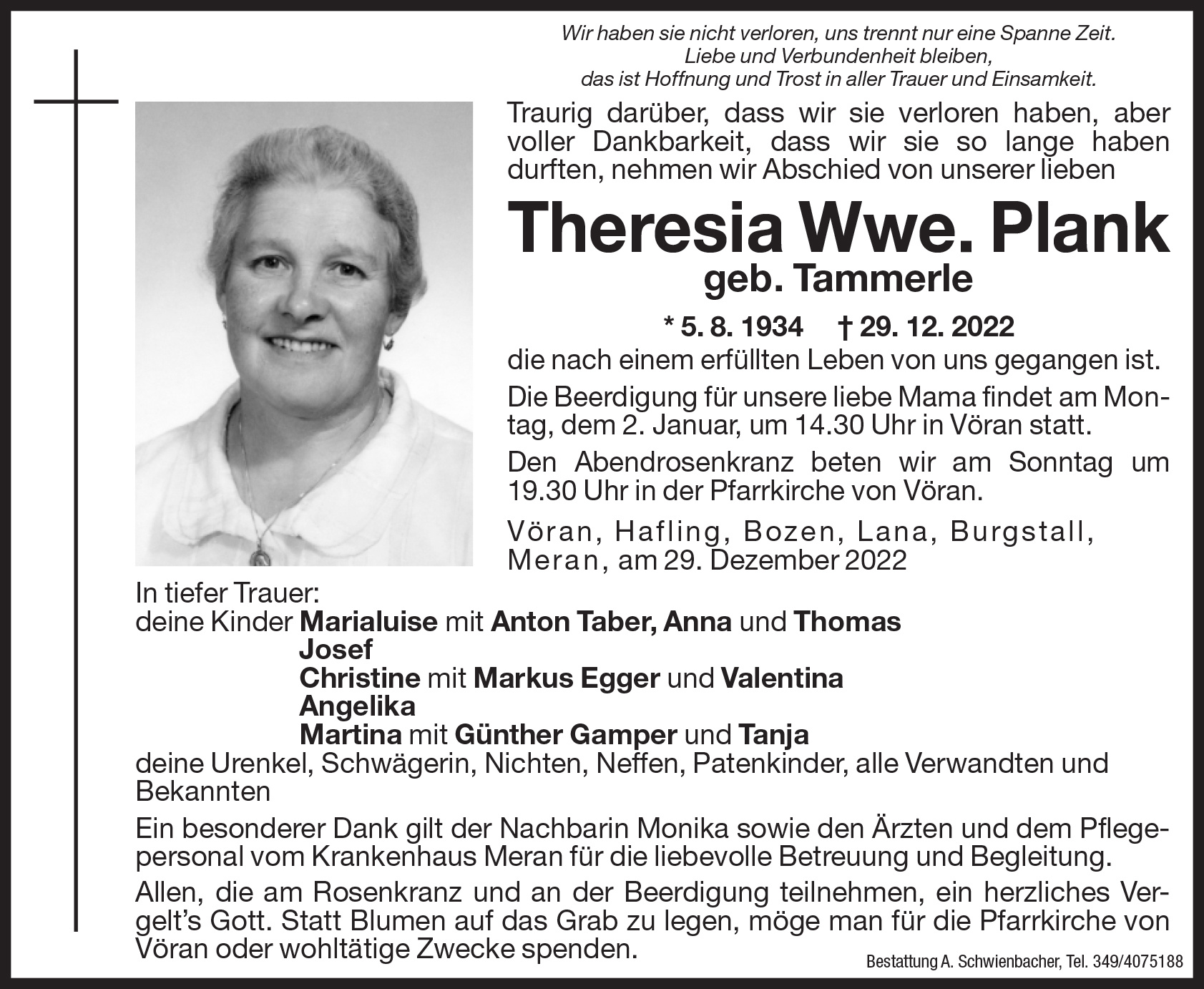 Medien: Theresia Wwe. Plank  geb. Tammerle