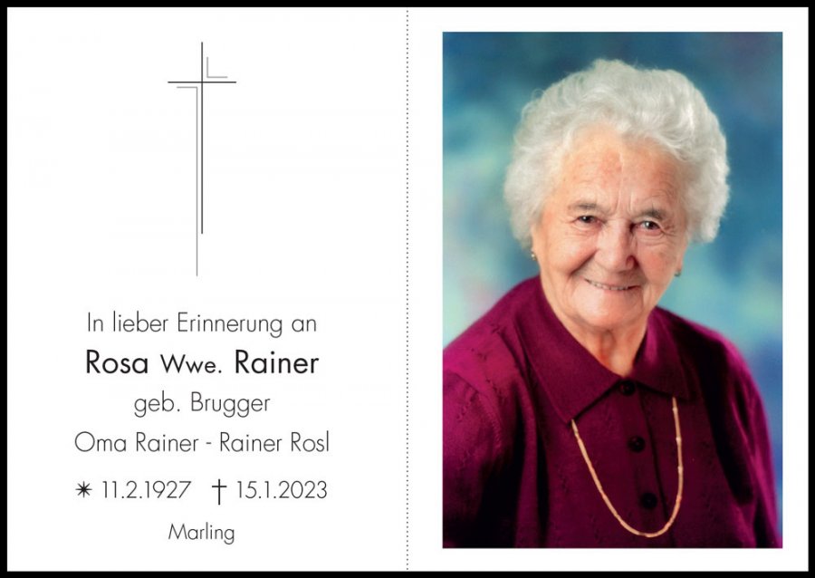 Sterbebild: Rosa Wwe. Rainer geb. Brugger