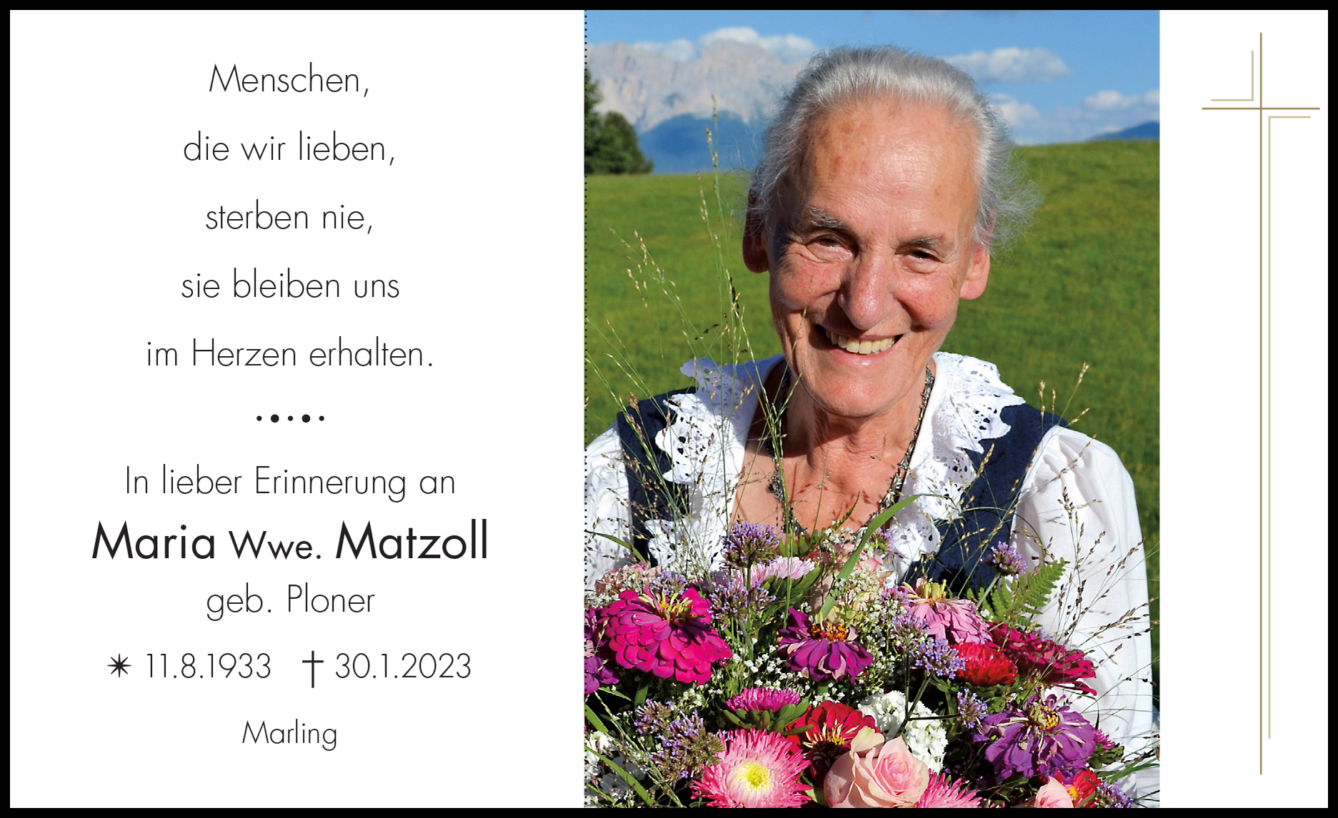 Sterbebild: Maria Wwe. Matzoll geb. Ploner
