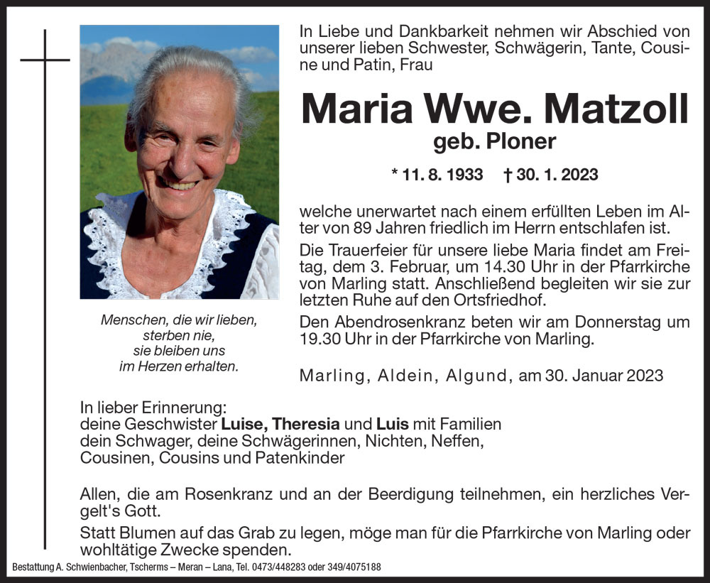 Medien: Maria Wwe. Matzoll geb. Ploner