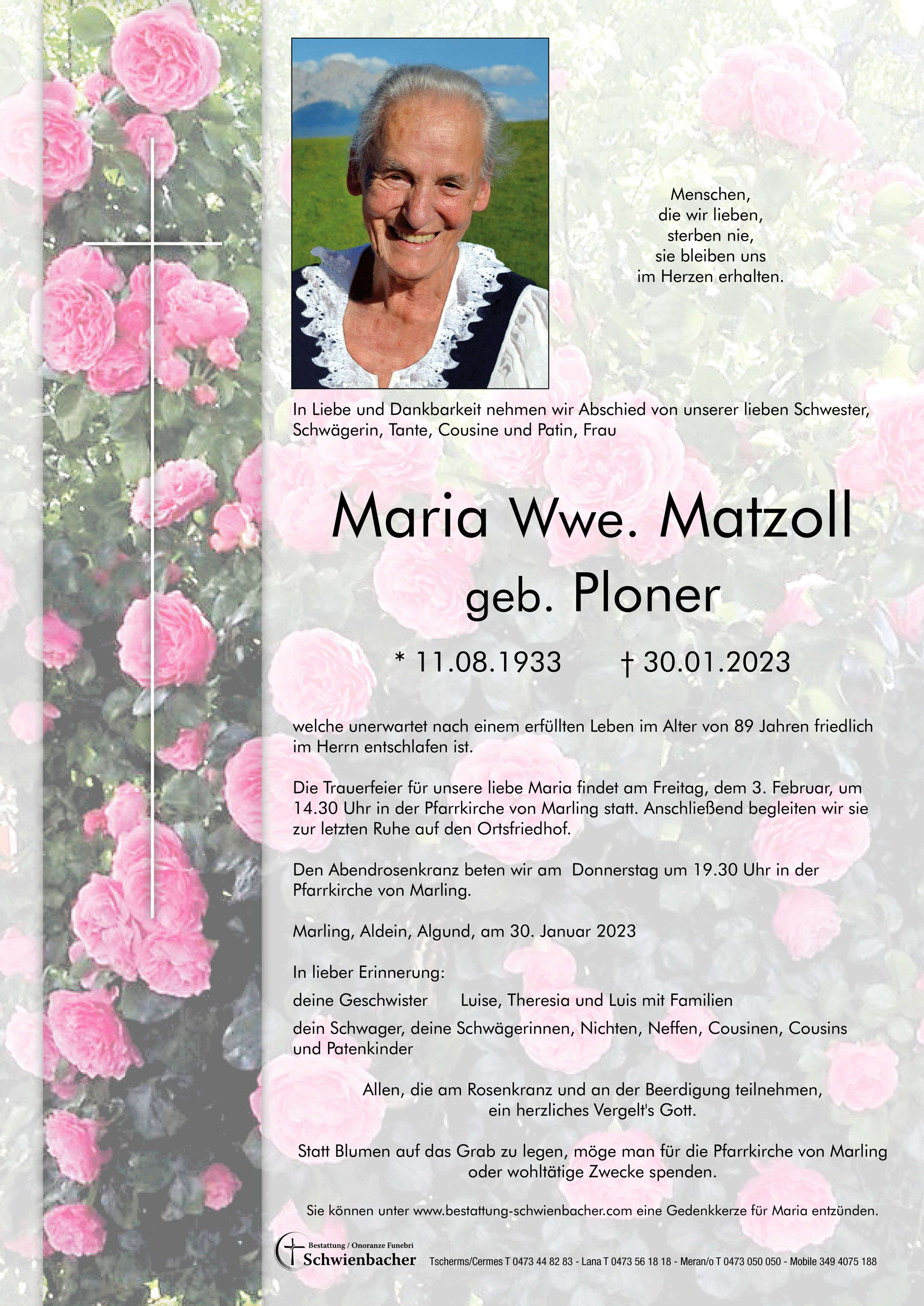 Parte: Maria Wwe. Matzoll geb. Ploner 