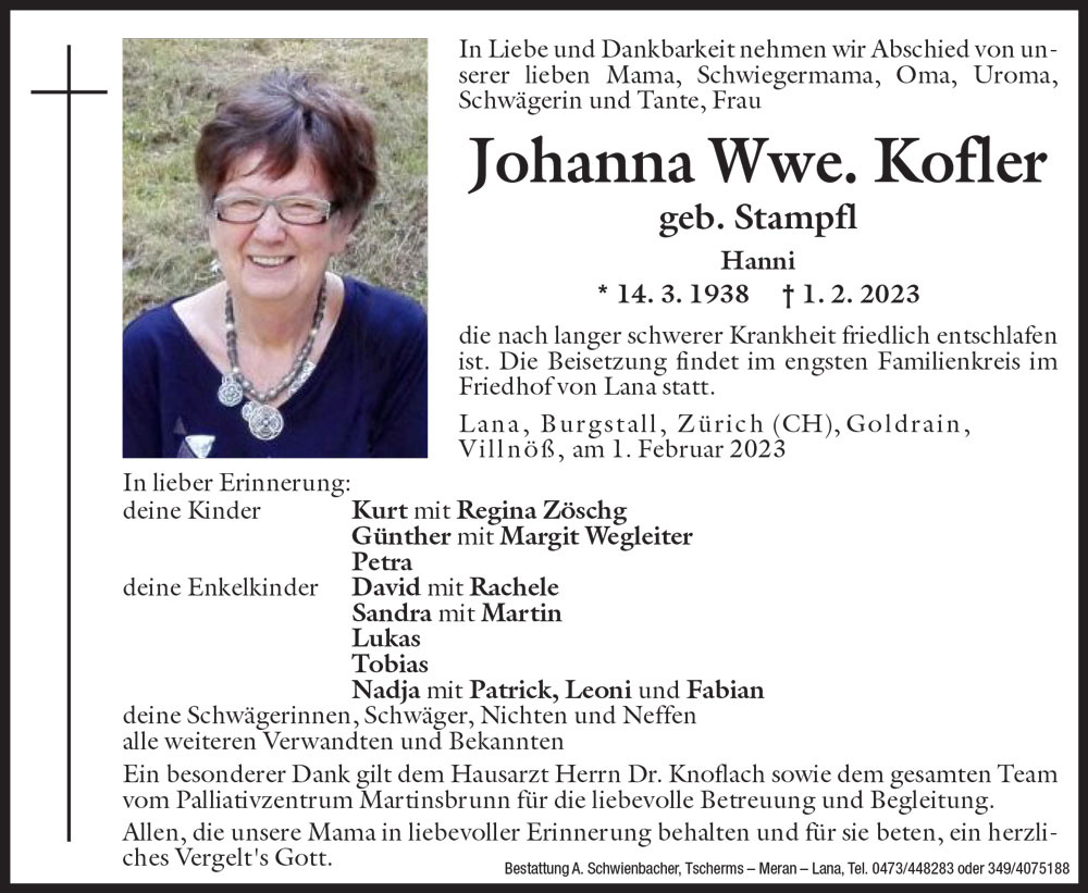 Medien: Johanna Wwe. Kofler geb. Stampfl