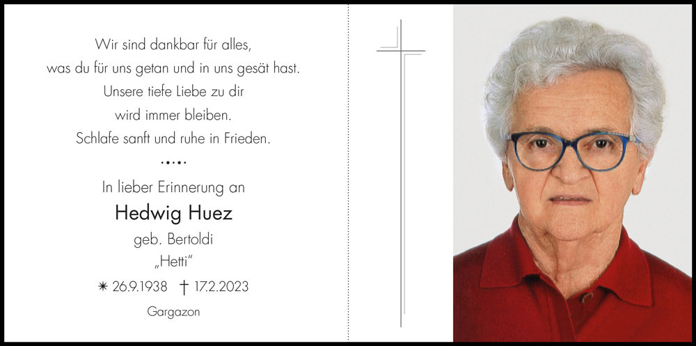 Sterbebild: Hedwig Huez geb. Bertoldi