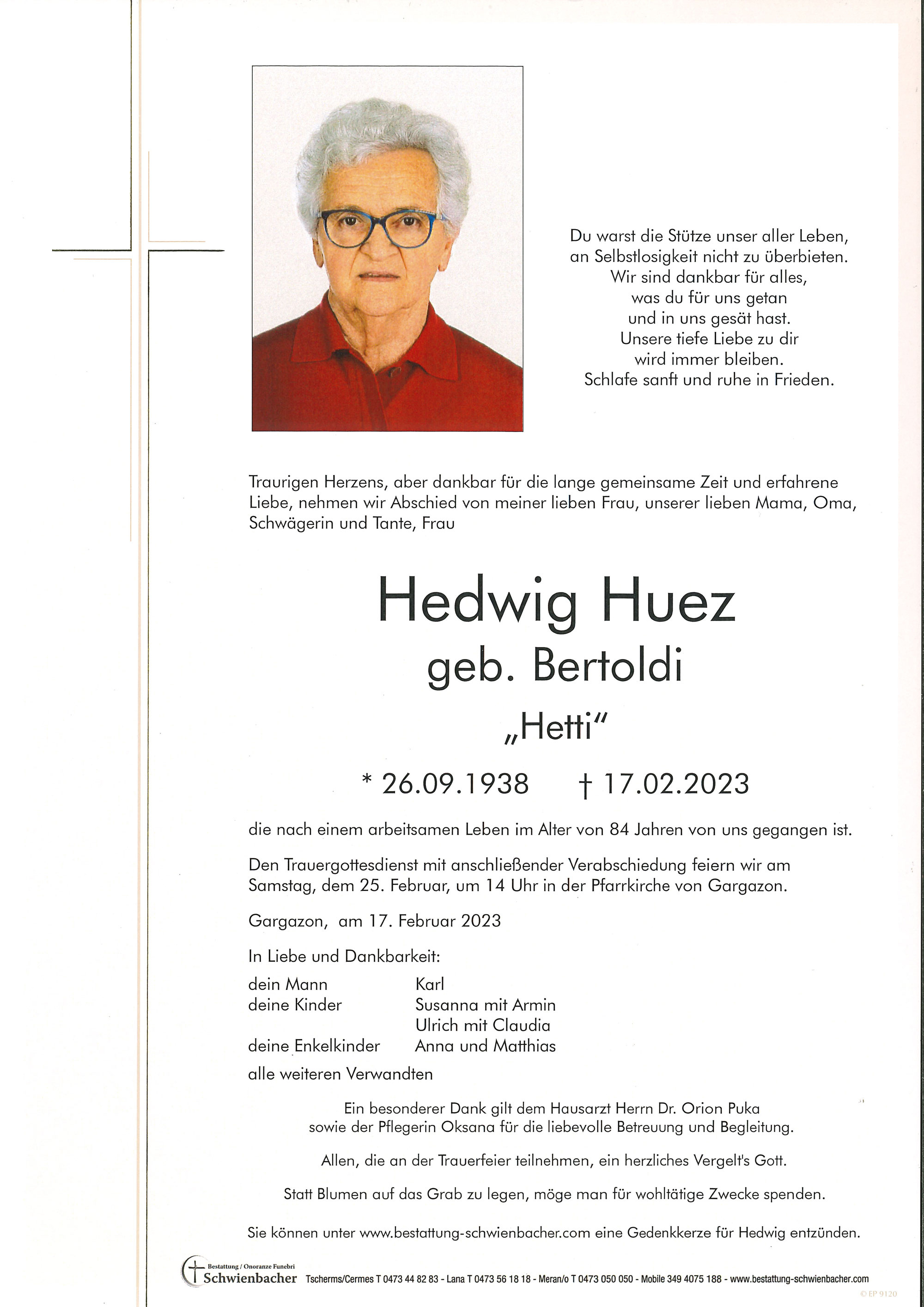 Parte: Hedwig Huez geb. Bertoldi 