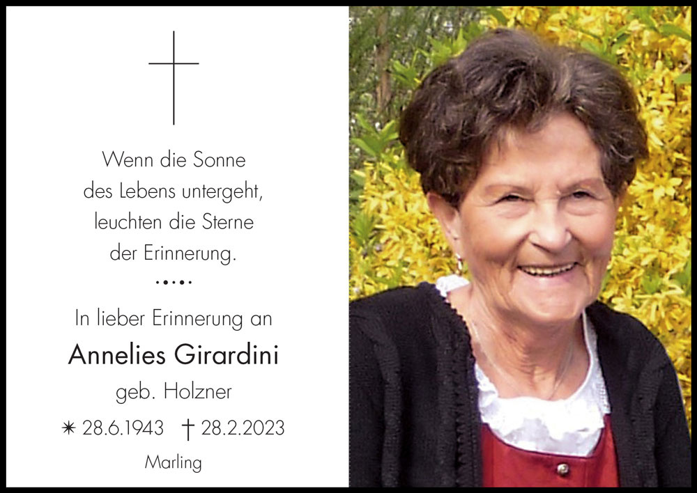 Sterbebild: Annelies Girardini geb. Holzner