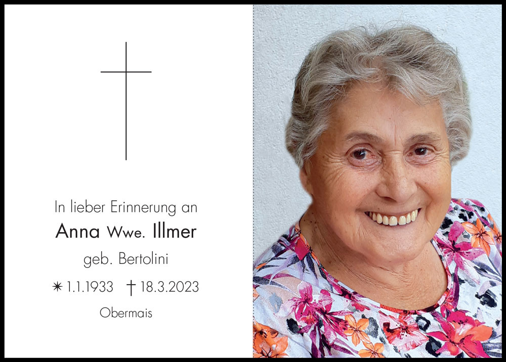 Sterbebild: Anna Wwe. Illmer  geb. Bertolini 