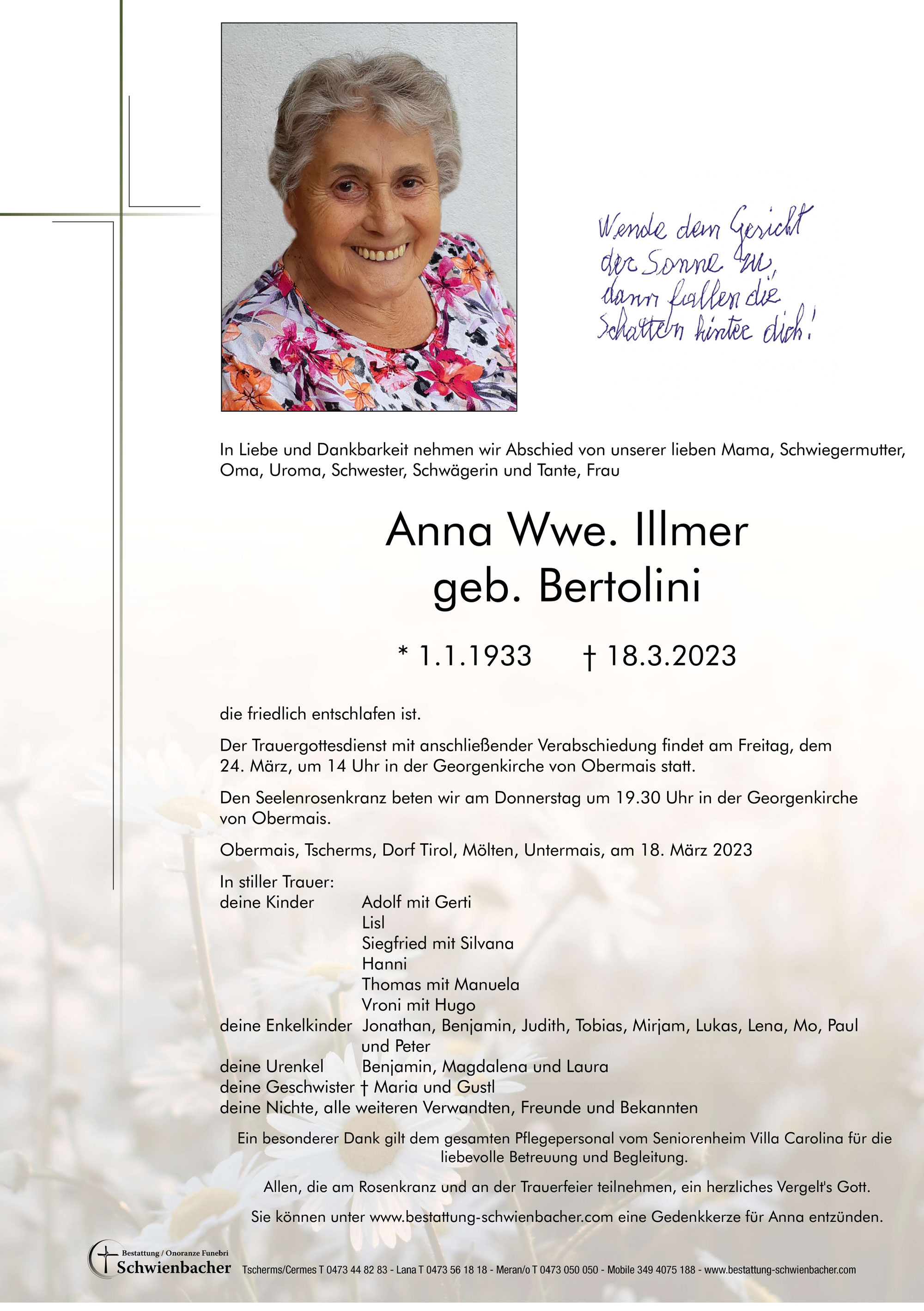 Parte: Anna Wwe. Illmer  geb. Bertolini  