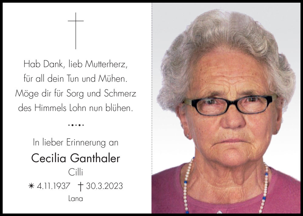 Sterbebild: Cecilia Ganthaler