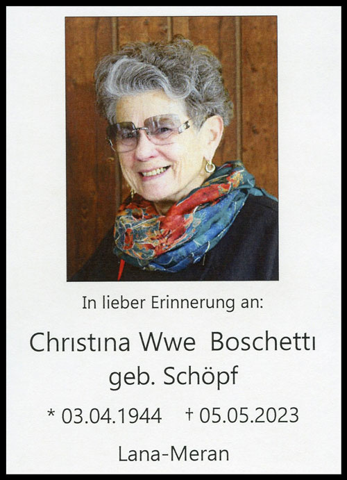 Sterbebild: Christina Wwe. Boschetti geb. Schöpf