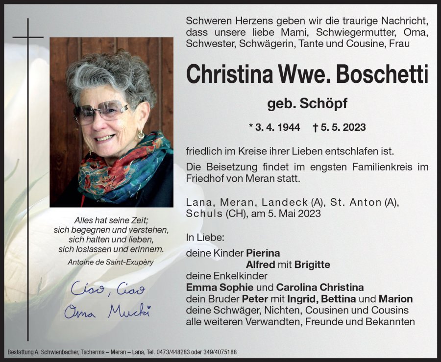 Medien: Christina Wwe. Boschetti geb. Schöpf