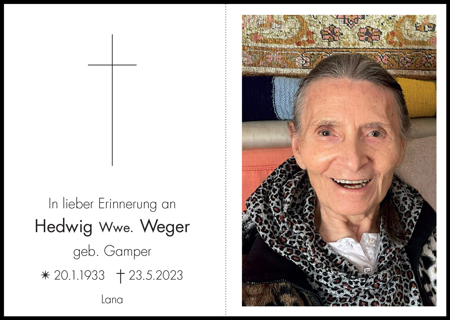 Sterbebild: Hedwig Wwe. Weger geb. Gamper