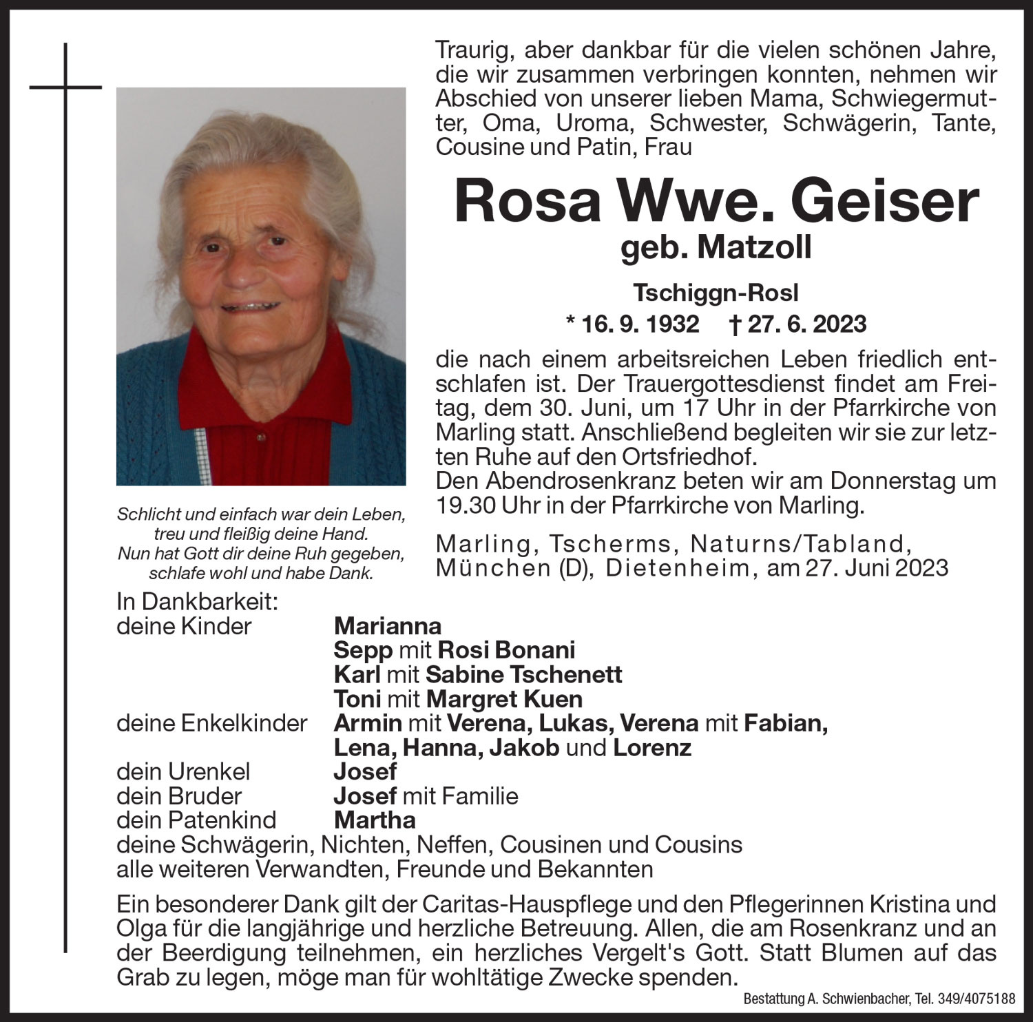 Medien: Rosa Wwe. Geiser  geb. Matzoll