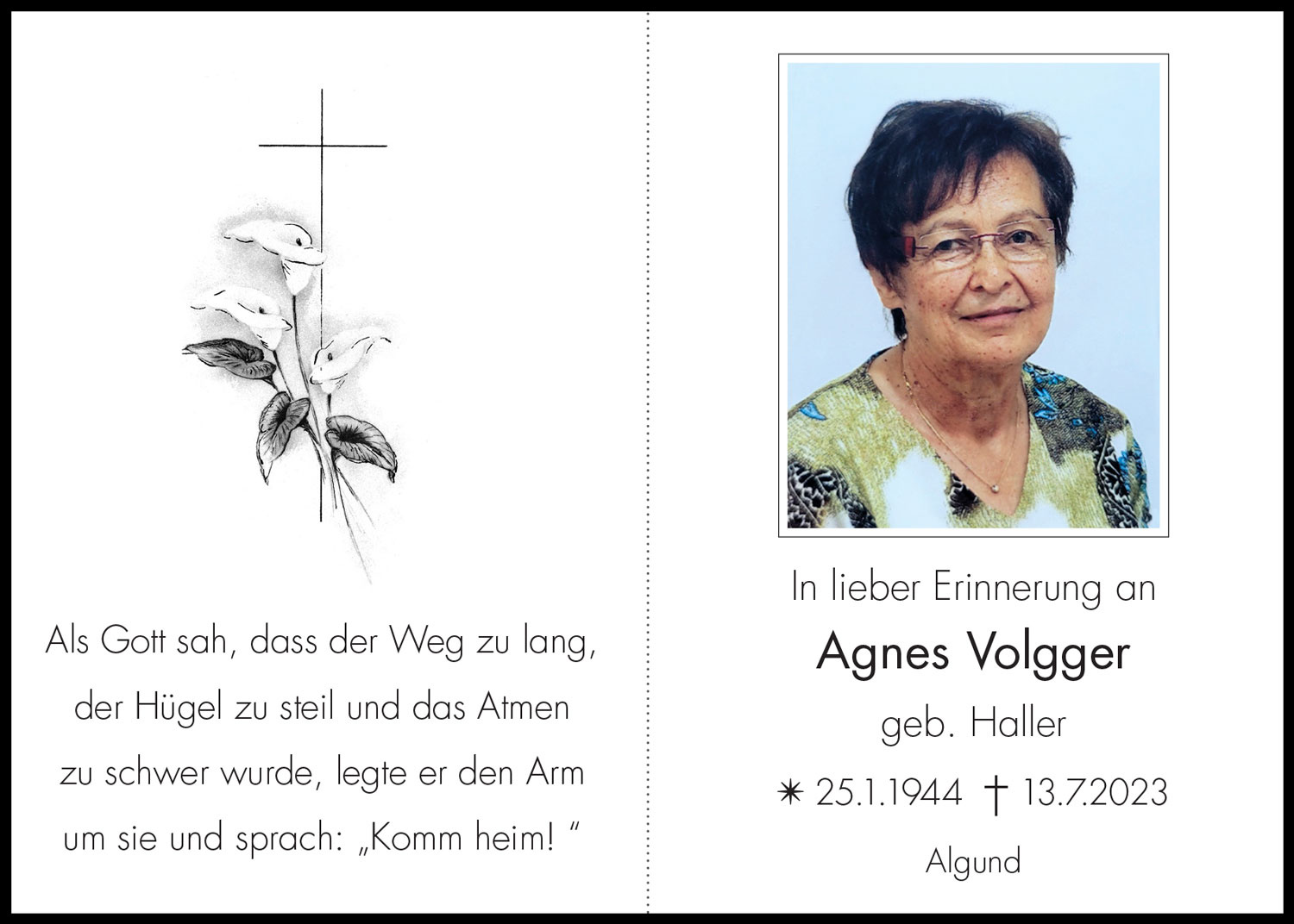 Sterbebild: Agnes Volgger geb. Haller