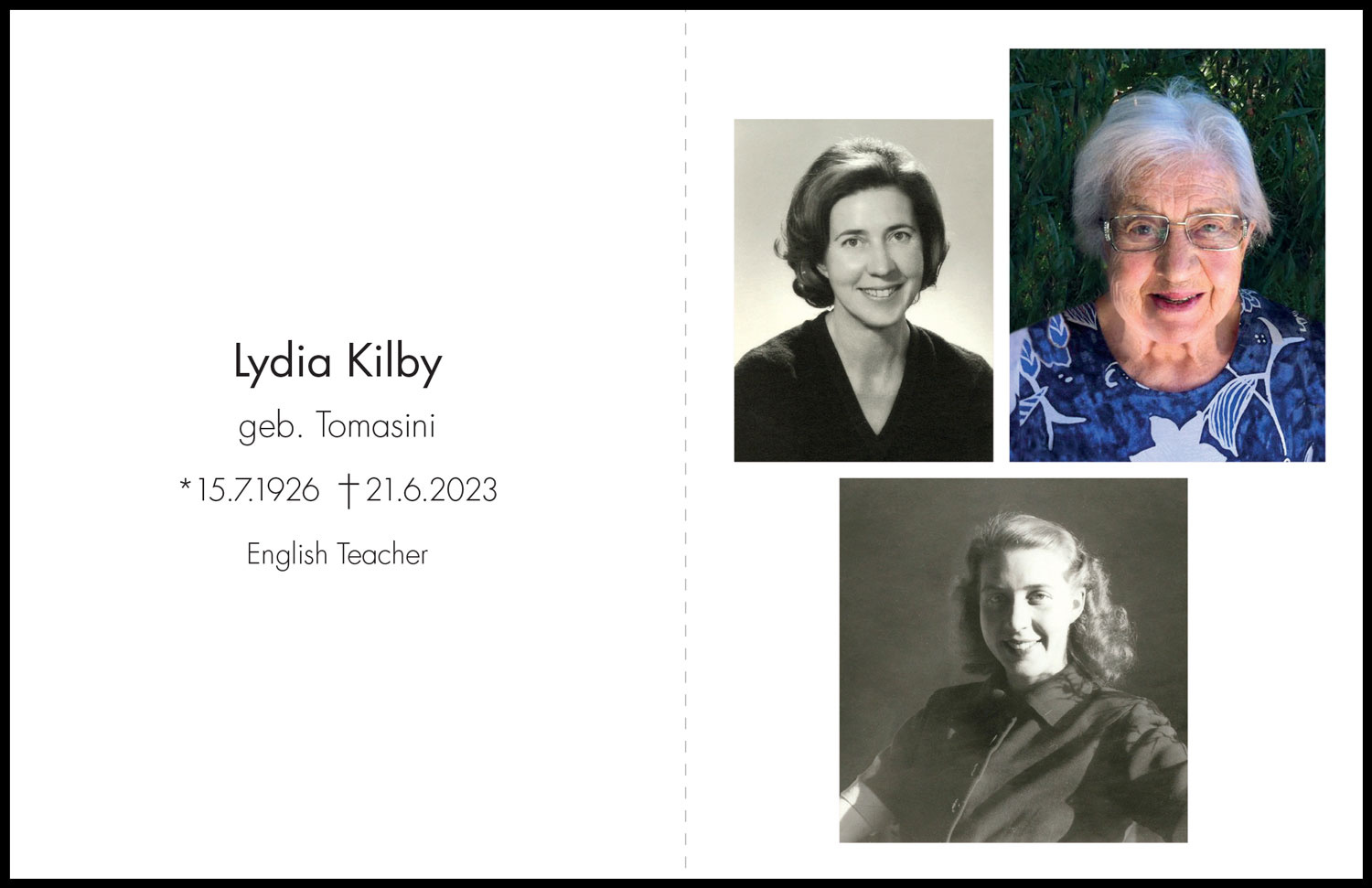 Sterbebild: Lydia Kilby geb. Tomasini