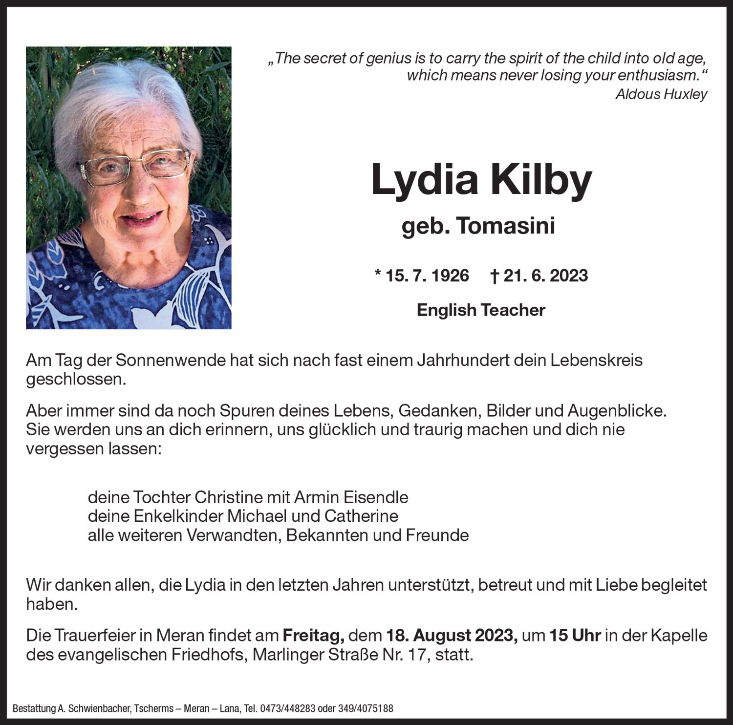 Medien: Lydia Kilby geb. Tomasini