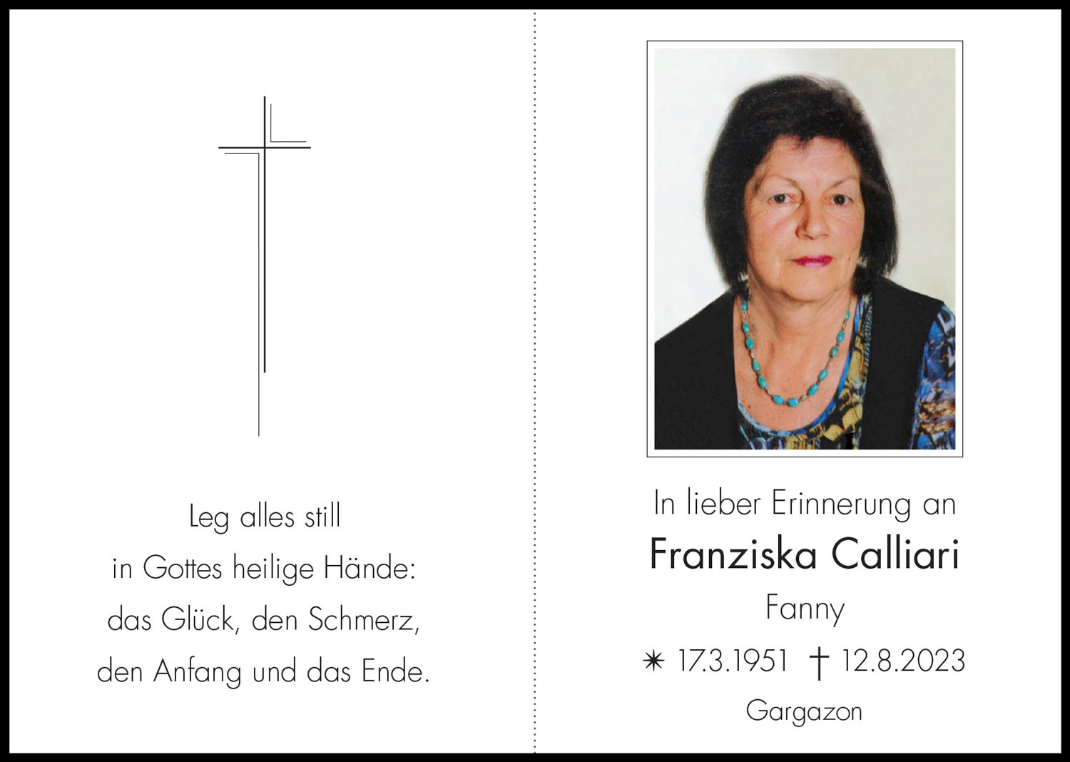 Sterbebild: Franziska Calliari