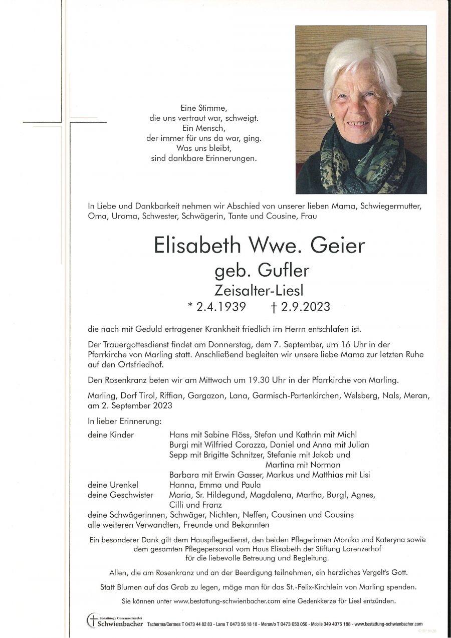 Parte: Elisabeth Wwe. Geier geb. Gufler