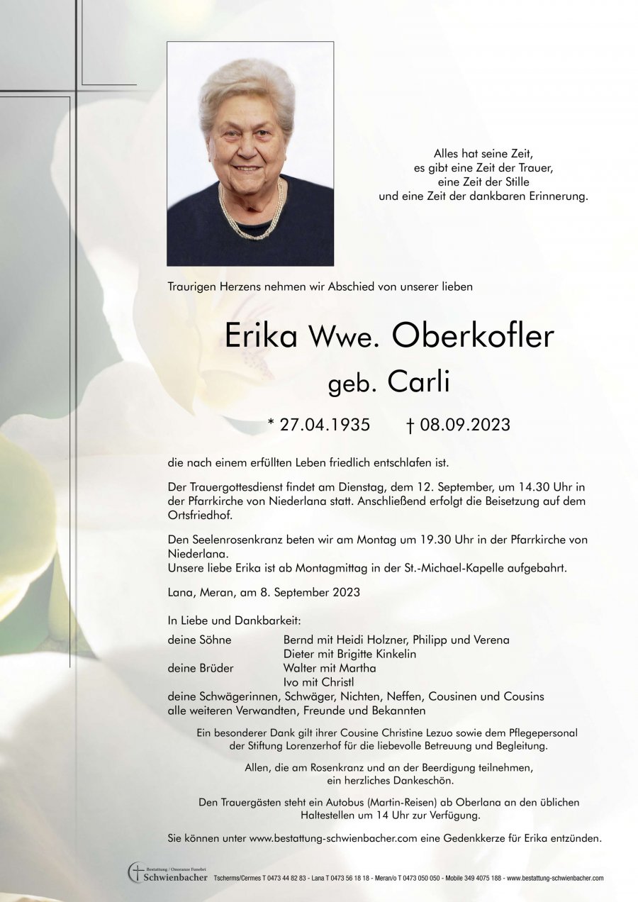 Parte: Erika Wwe. Oberkofler geb. Carli