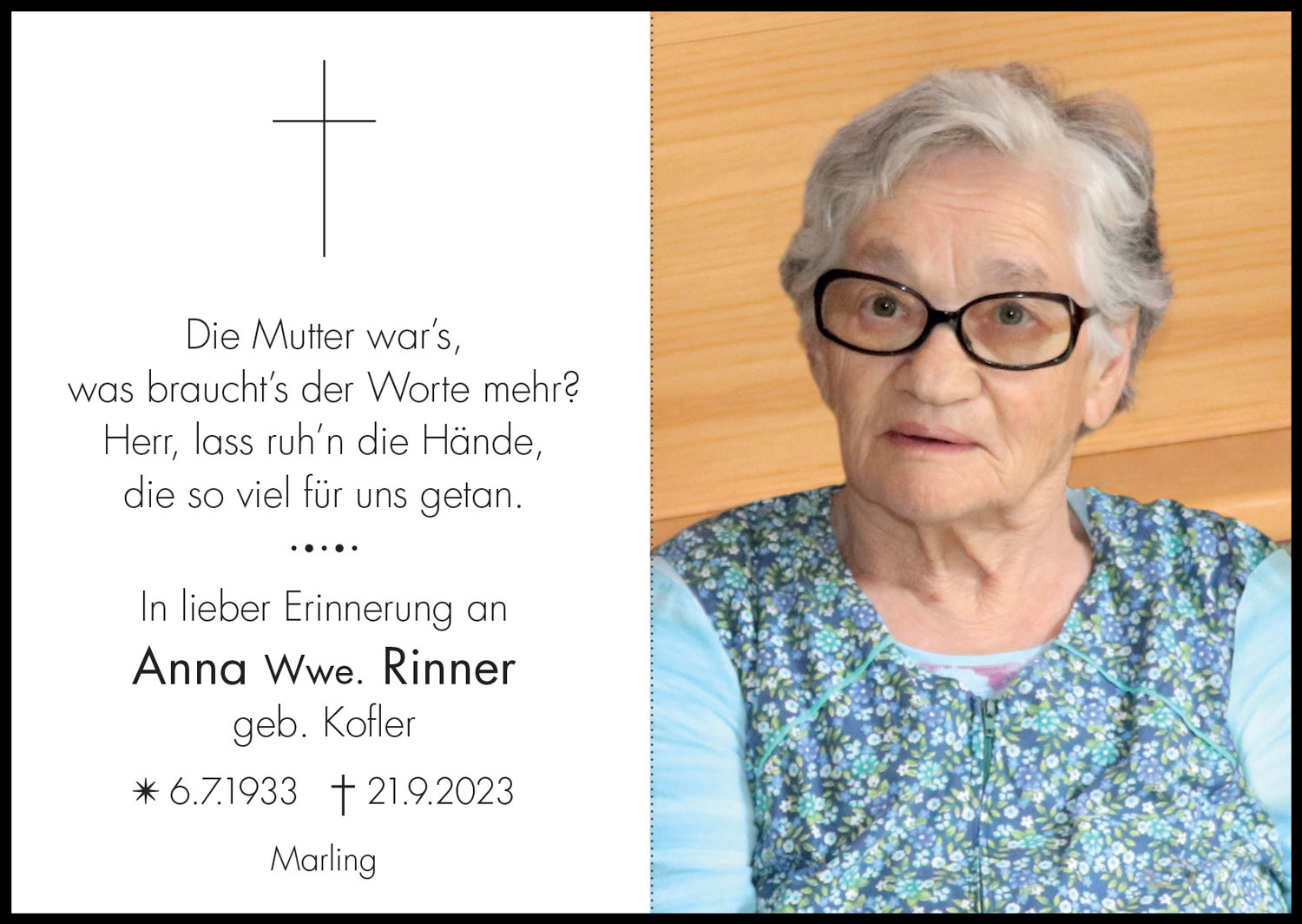 Sterbebild: Anna Wwe. Rinner geb. Kofler