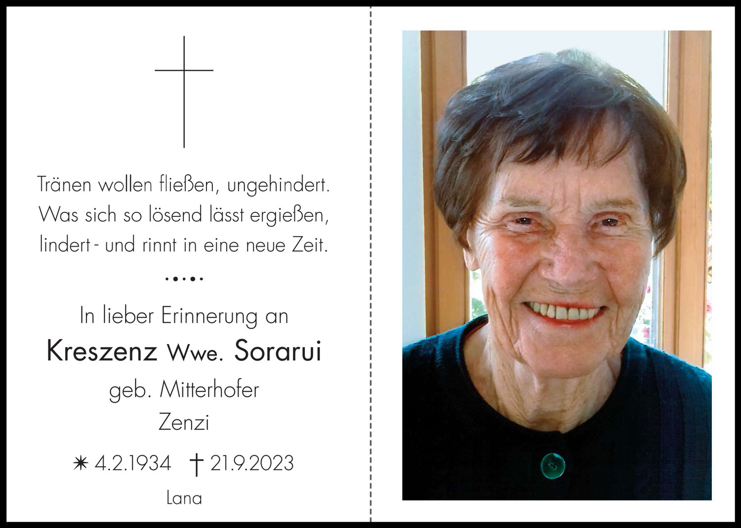 Sterbebild: Kreszenz Wwe. Sorarui geb. Mitterhofer