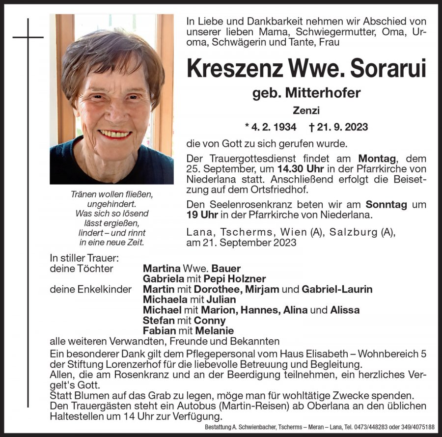 Medien: Kreszenz Wwe. Sorarui geb. Mitterhofer