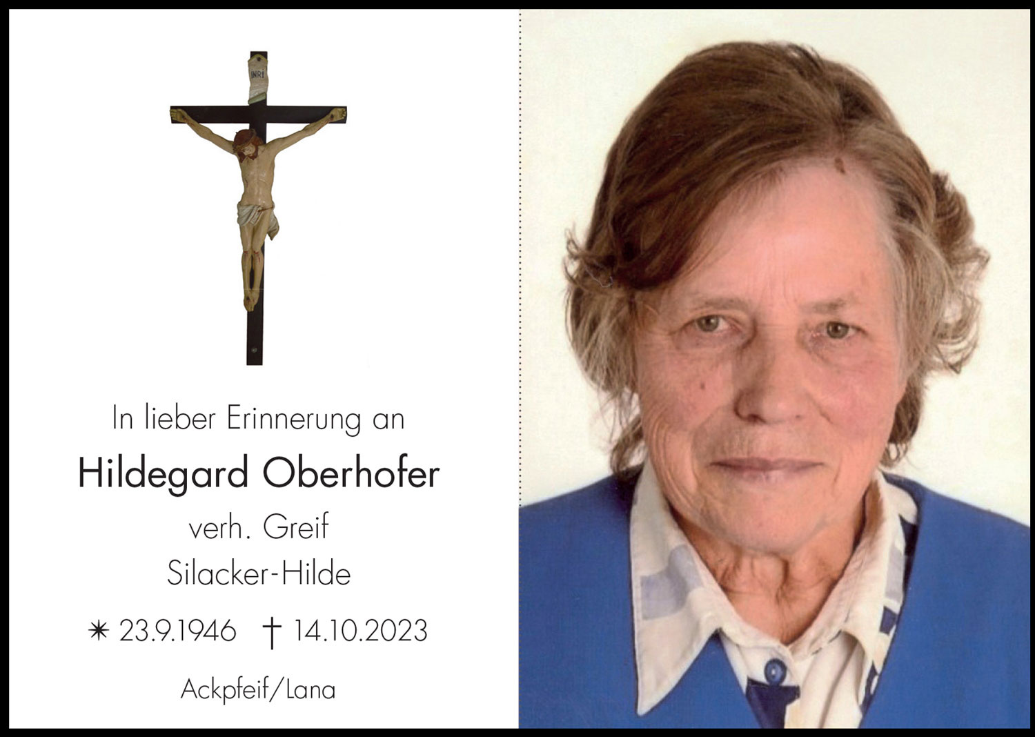 Sterbebild: Hildegard Oberhofer verh. Greif