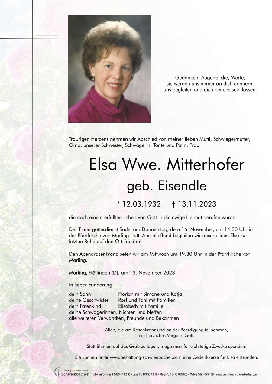 Parte: Elsa Wwe. Mitterhofer geb. Eisendle