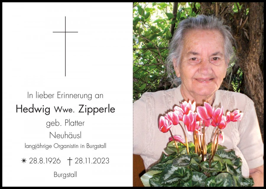 Sterbebild: Hedwig Wwe. Zipperle geb. Platter