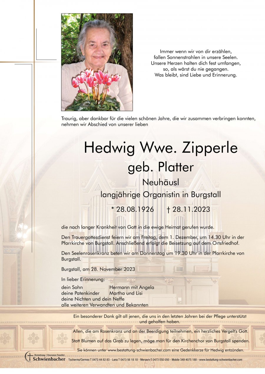 Parte: Hedwig Wwe. Zipperle geb. Platter